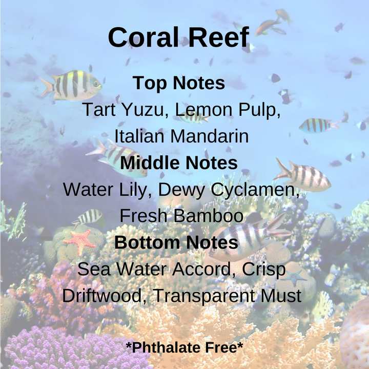 Coral reef with fish and fragrance notes text overlay