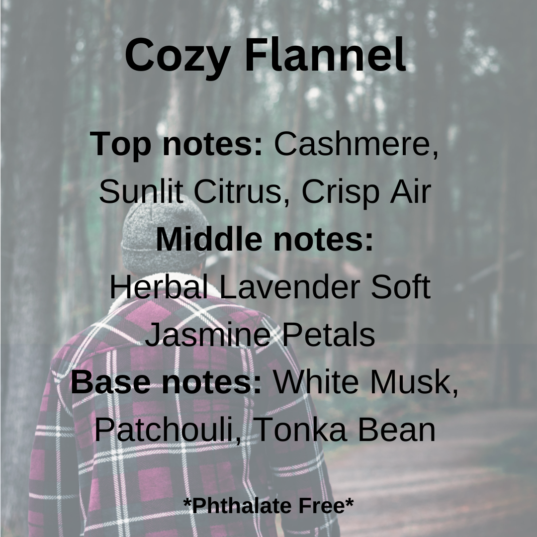 Person wearing a plaid jacket with a description of 'Cozy Flannel' fragrance notes on a blurred background.
