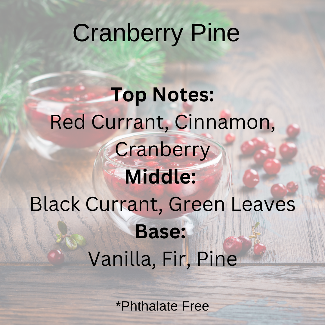 Cranberry Pine scent notes: Red & black currant, cinnamon, cranberry, green leaves, vanilla, fir, pine over pretty bowls of cranberries with pine accents.