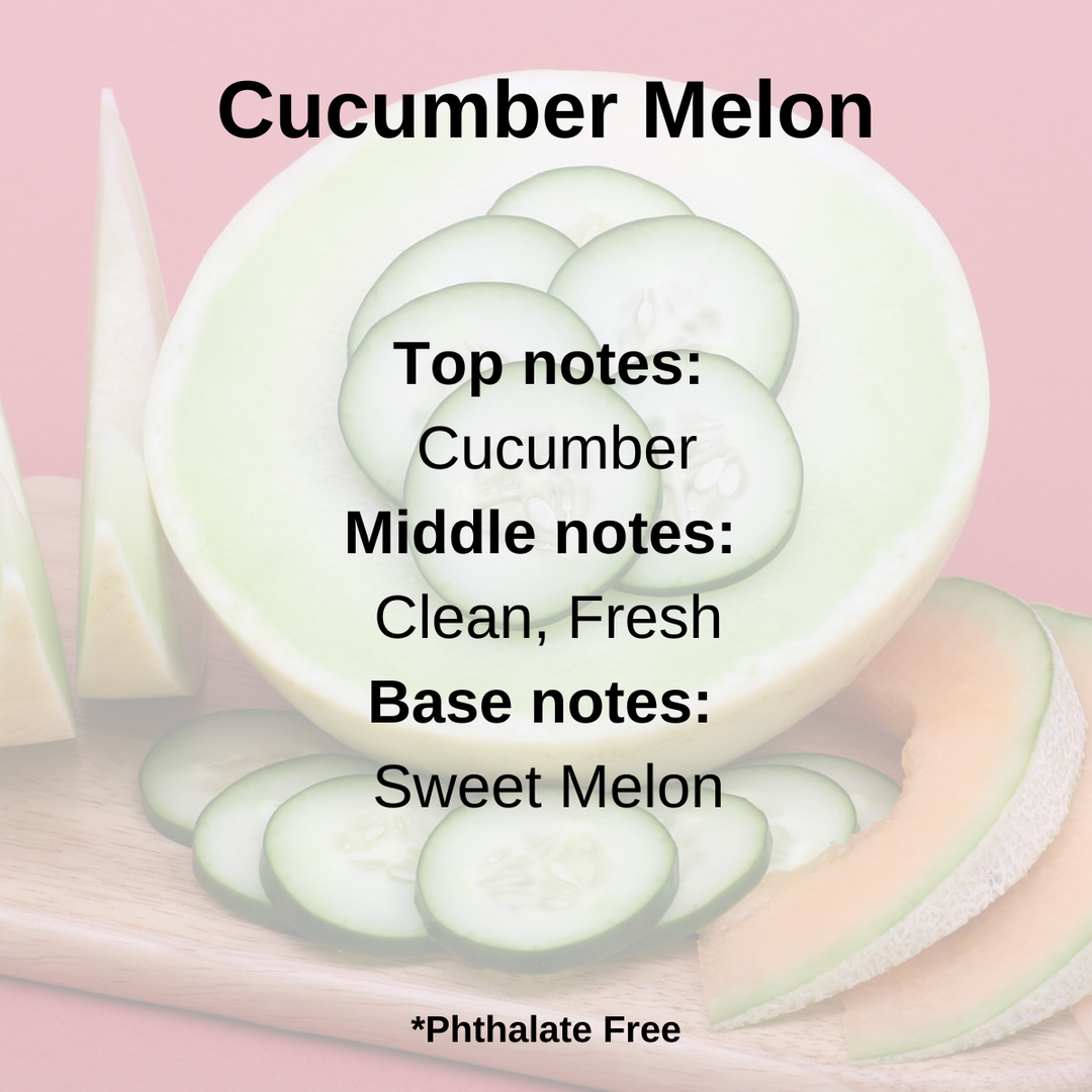 A image featuring sliced cucumber and melon, alongside a piece of soy wax with the scent markings 'Cucumber Melon' indicating the fragrance profile of the wax melt.