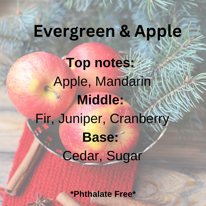Apples in a strainer with evergreen branches and cinnamon sticks on a wooden surface, labeled with fragrance notes.