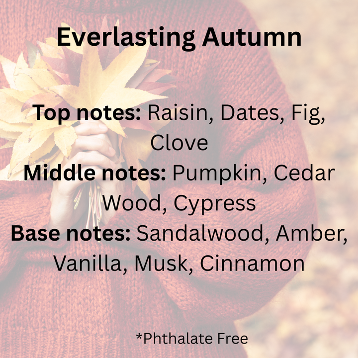 A text overlay listing scent notes for 'Everlasting Autumn' over a background photo of a person in a red knit sweater holding yellow autumn leaves.
