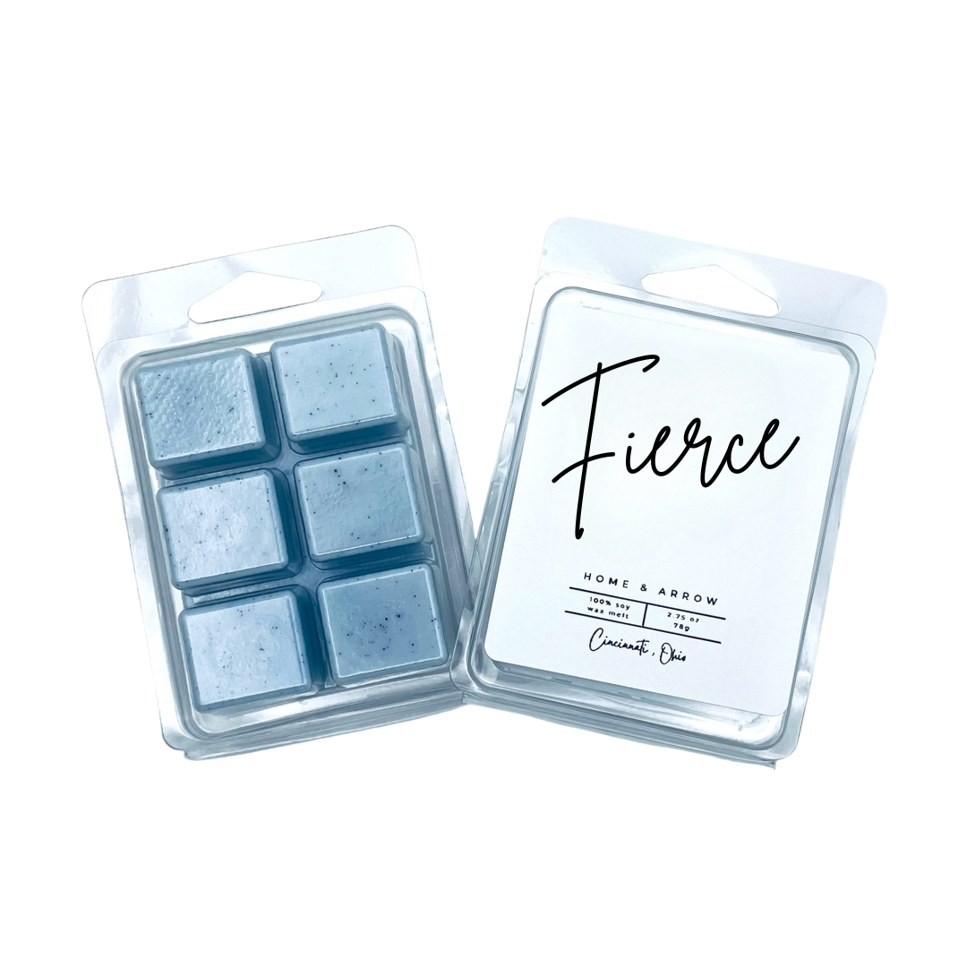 Fierce blue soy wax melt in clamshell packaging on a white background fron Home & Arrow based in Cincinnati Ohio.