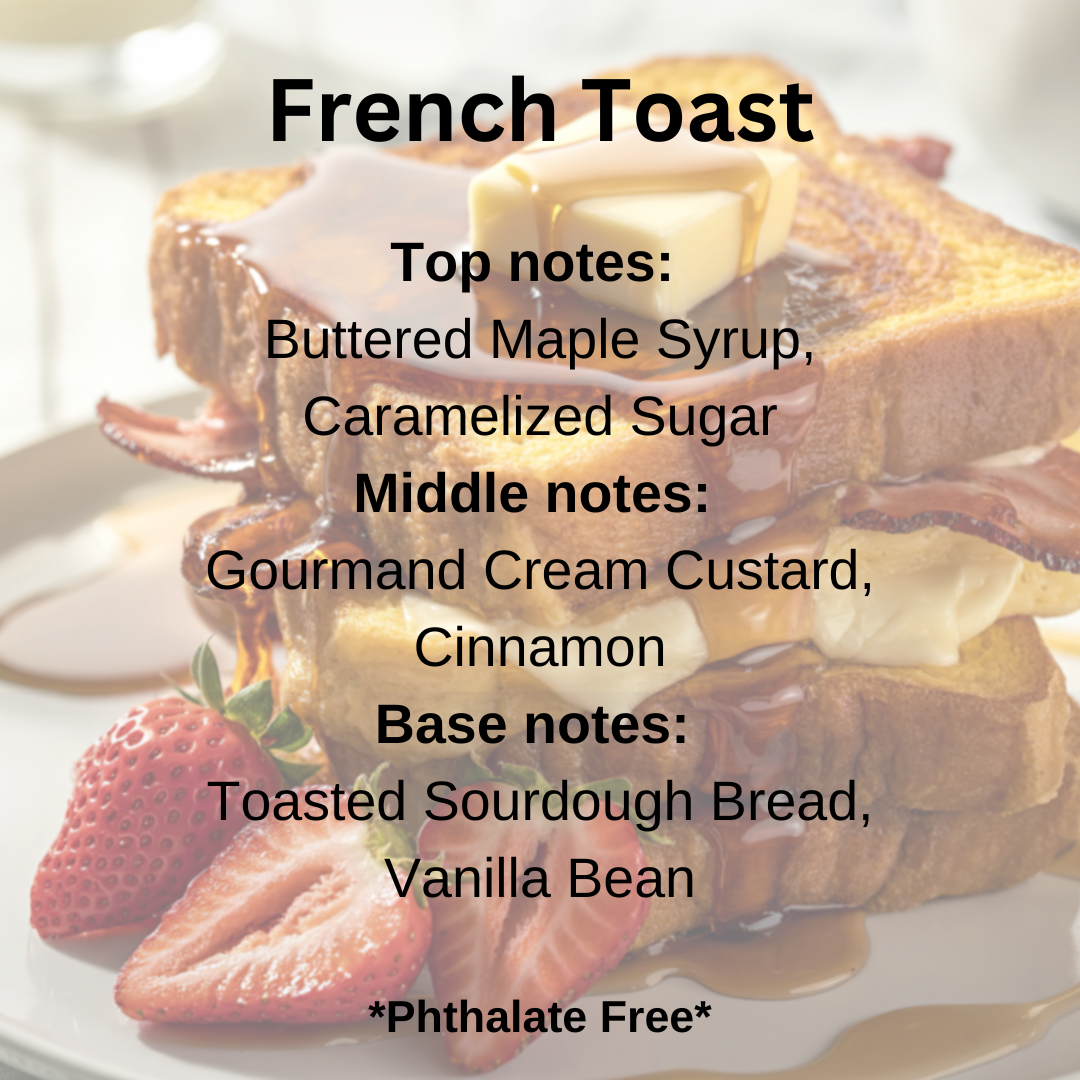 A close-up of a plated French toast stack with butter, maple syrup, strawberries, and bacon on a white plate, overlaid with text listing flavor notes such as buttered maple syrup, caramelized sugar, cream custard, cinnamon, toasted sourdough bread, and vanilla bean.
