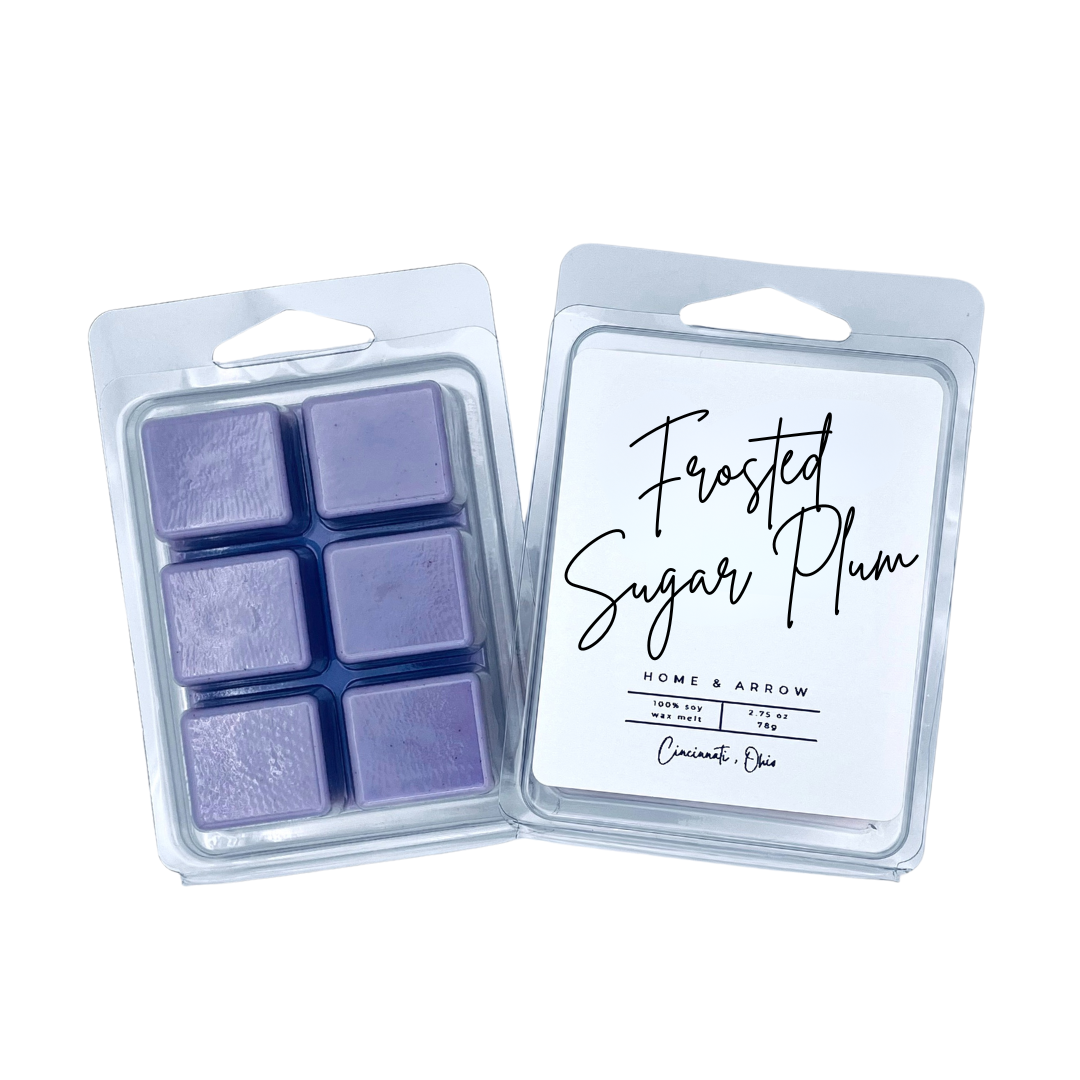 Frosted Sugar Plum purple soy wax melt in clamshell packaging on a white background from Home & Arrow based in Cincinnati Ohio.