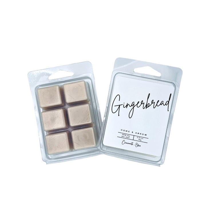 Gingerbread tan soy wax melt in clamshell packaging on a white background fron Home & Arrow based in Cincinnati Ohio.