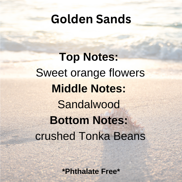 Text overlay on a beach scene with 'Golden Sands' fragrance description