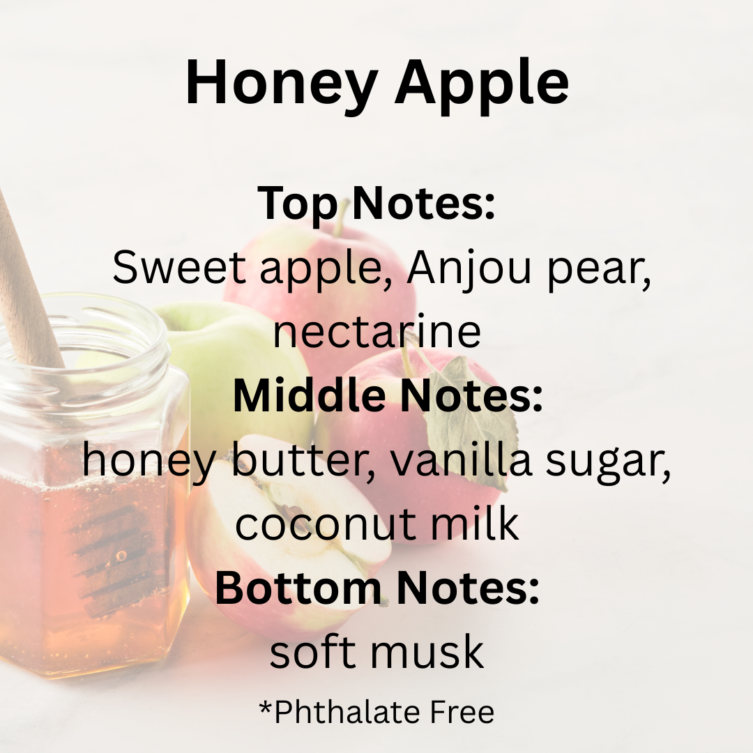 Honey and apples with fragrance notes text on a white background