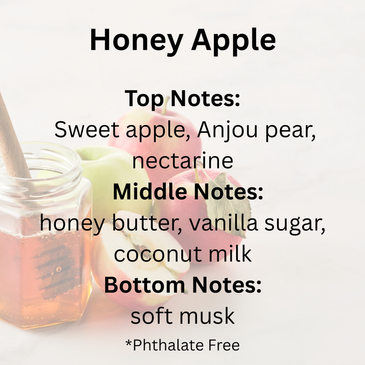 Honey and apples with fragrance notes text on a white background