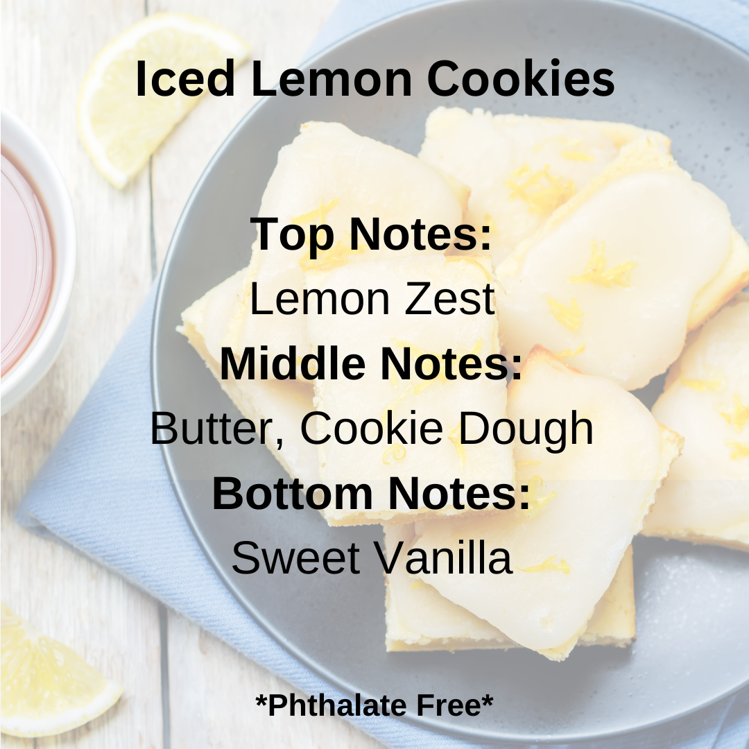 Iced lemon cookies on a plate with lemon slices and text describing flavor notes.