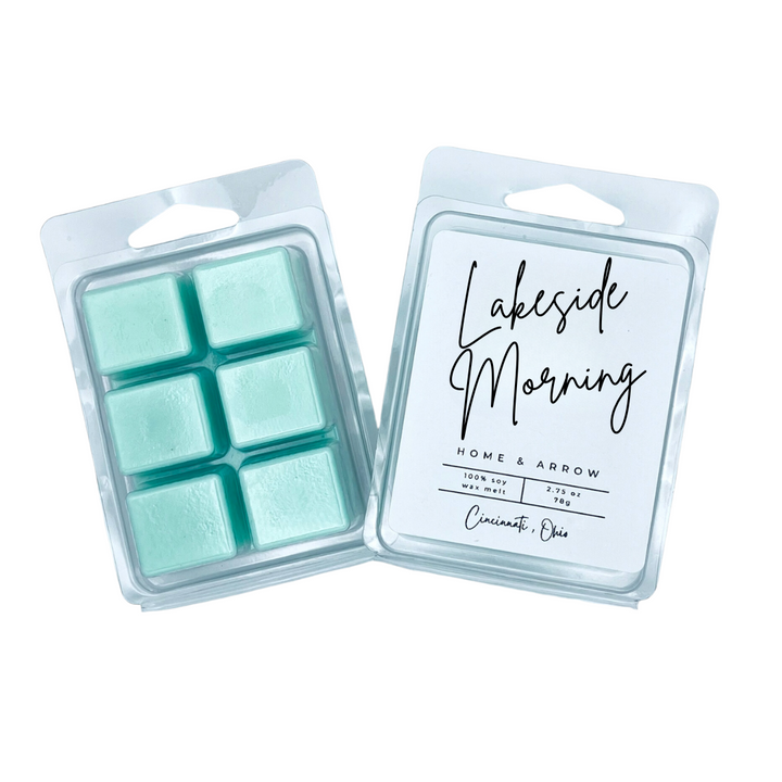 Lakeside Morning green soy wax melt in clamshell packaging on a white background from Home & Arrow based in Cincinnati Ohio.