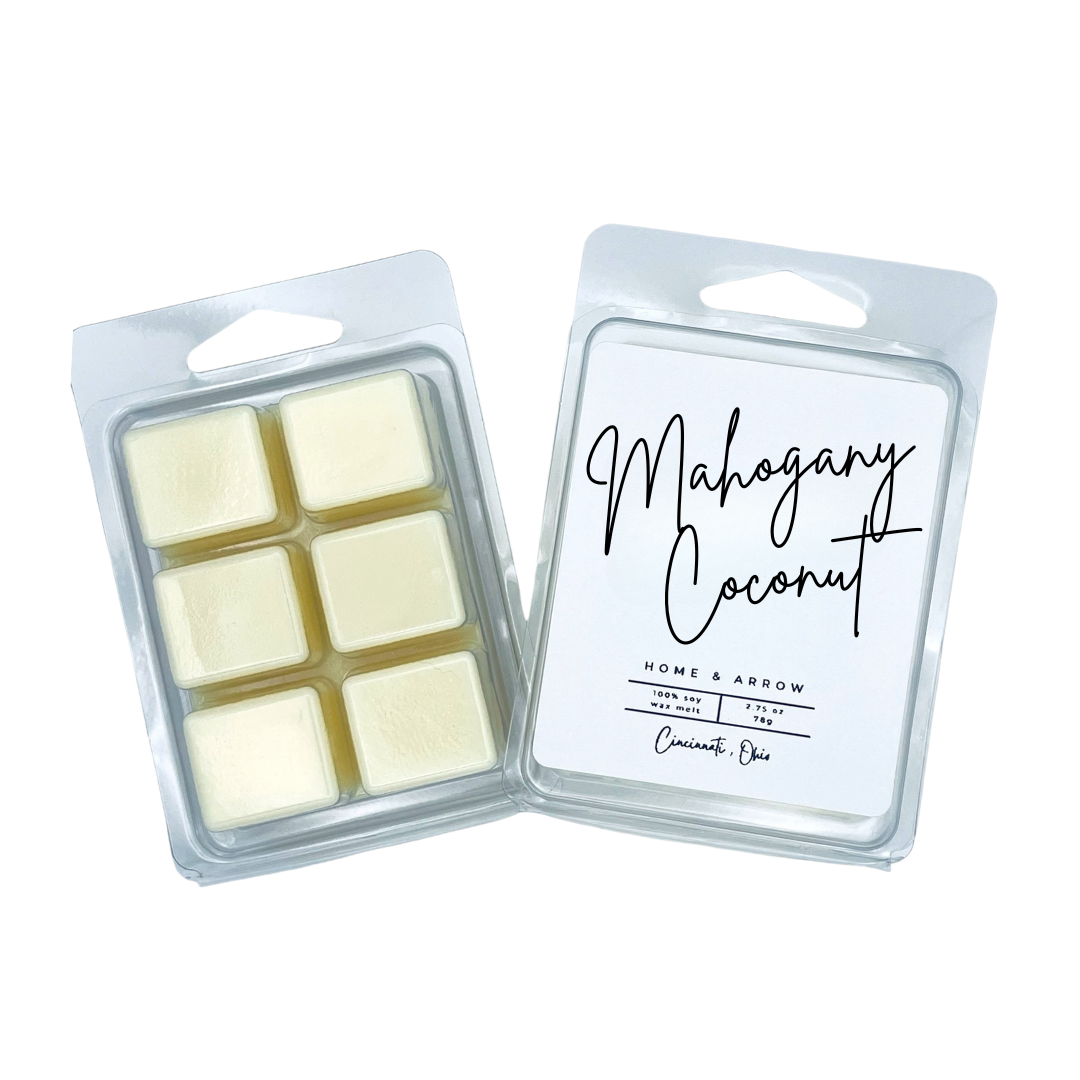 Mahogany Coconut white soy wax melt in clamshell packaging on a white background from Home & Arrow based in Cincinnati Ohio.