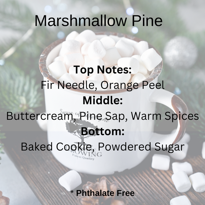 Marshmallow Pine scent notes: Fir, orange peel, buttercream, pine sap, warm spices, baked cookie and powdered sugar in front of a pic of hot chocolate with marshmallows on top surrounded by pine.