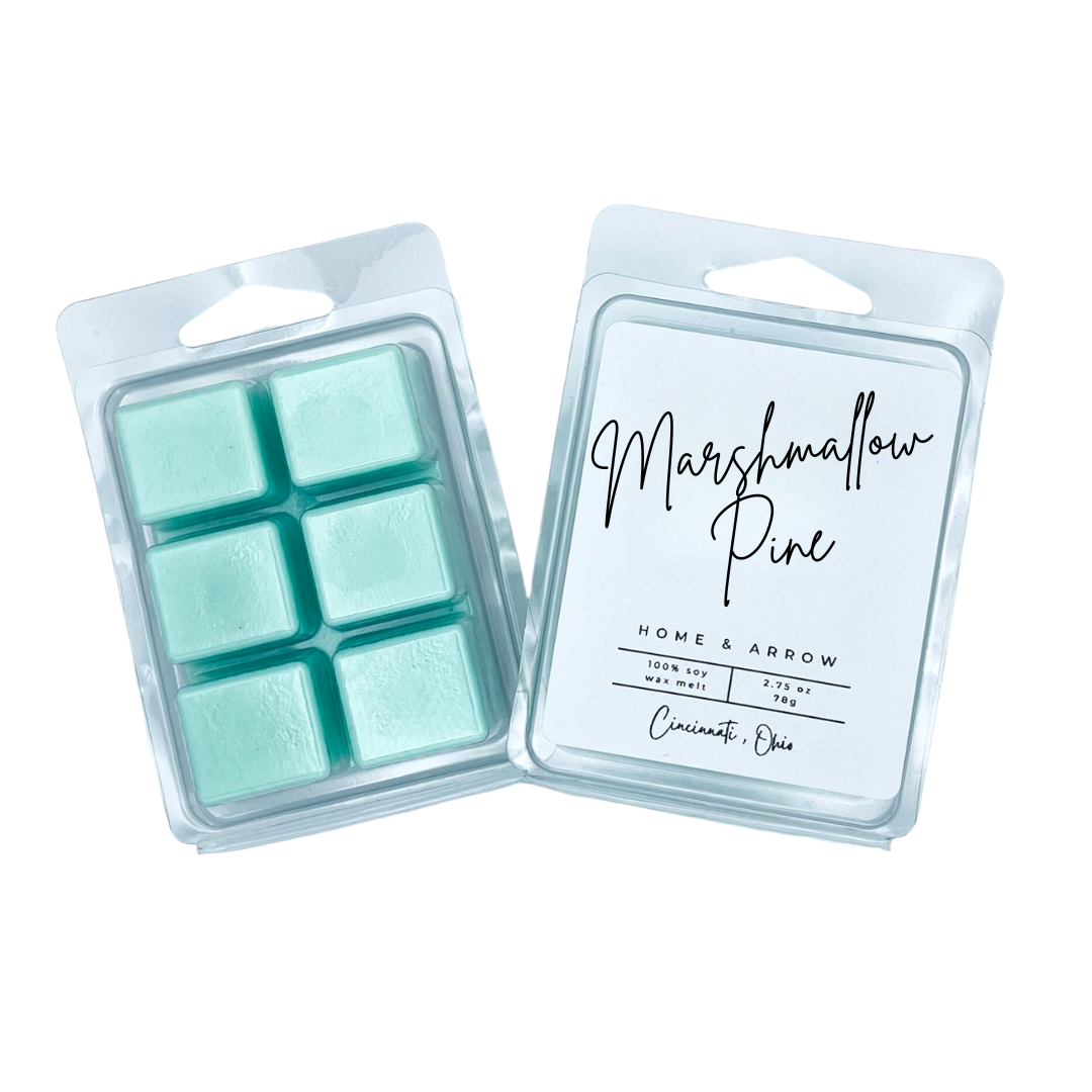 Marshmallow Pine green soy wax melt in clamshell packaging on a white background fron Home & Arrow based in Cincinnati Ohio.