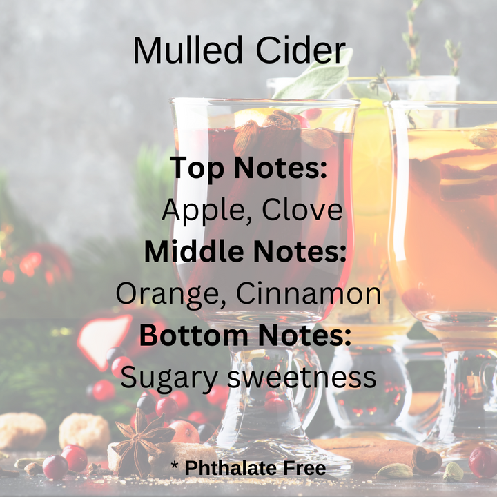 Mulled Cider scent notes: Apple, clove, orange, cinnamon, sugary sweetness over a yummy Christmas cider drink.