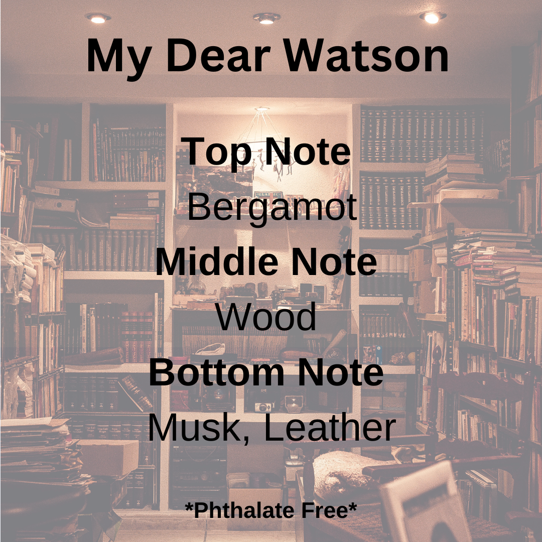 Library setting with bookshelves and 'My Dear Watson' fragrance description text overlay.
