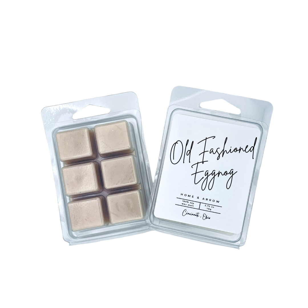 Old Fashioned Eggnog tan soy wax melt in clamshell packaging on a white background fron Home & Arrow based in Cincinnati Ohio.