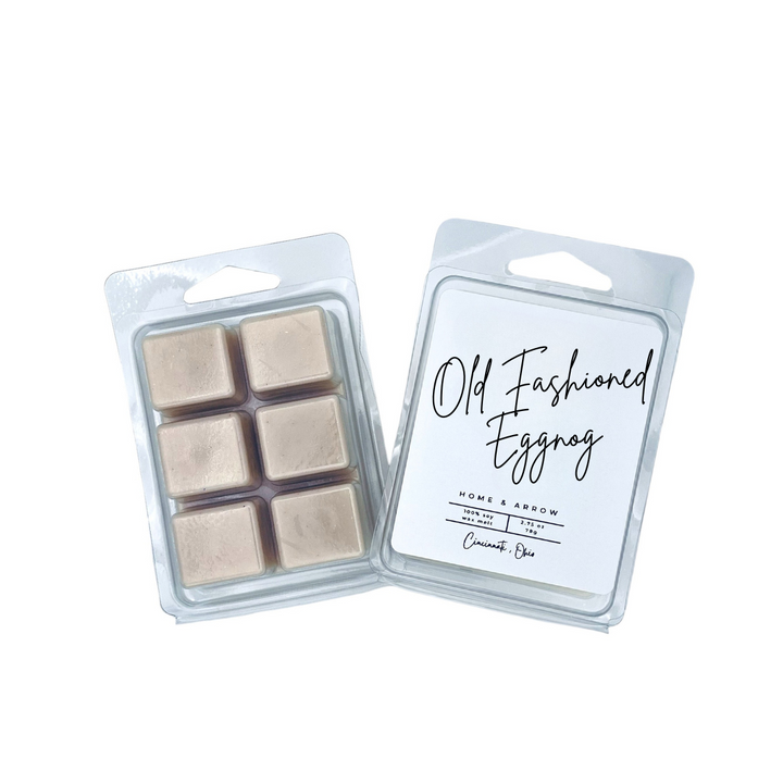 Old Fashioned Eggnog tan soy wax melt in clamshell packaging on a white background fron Home & Arrow based in Cincinnati Ohio.