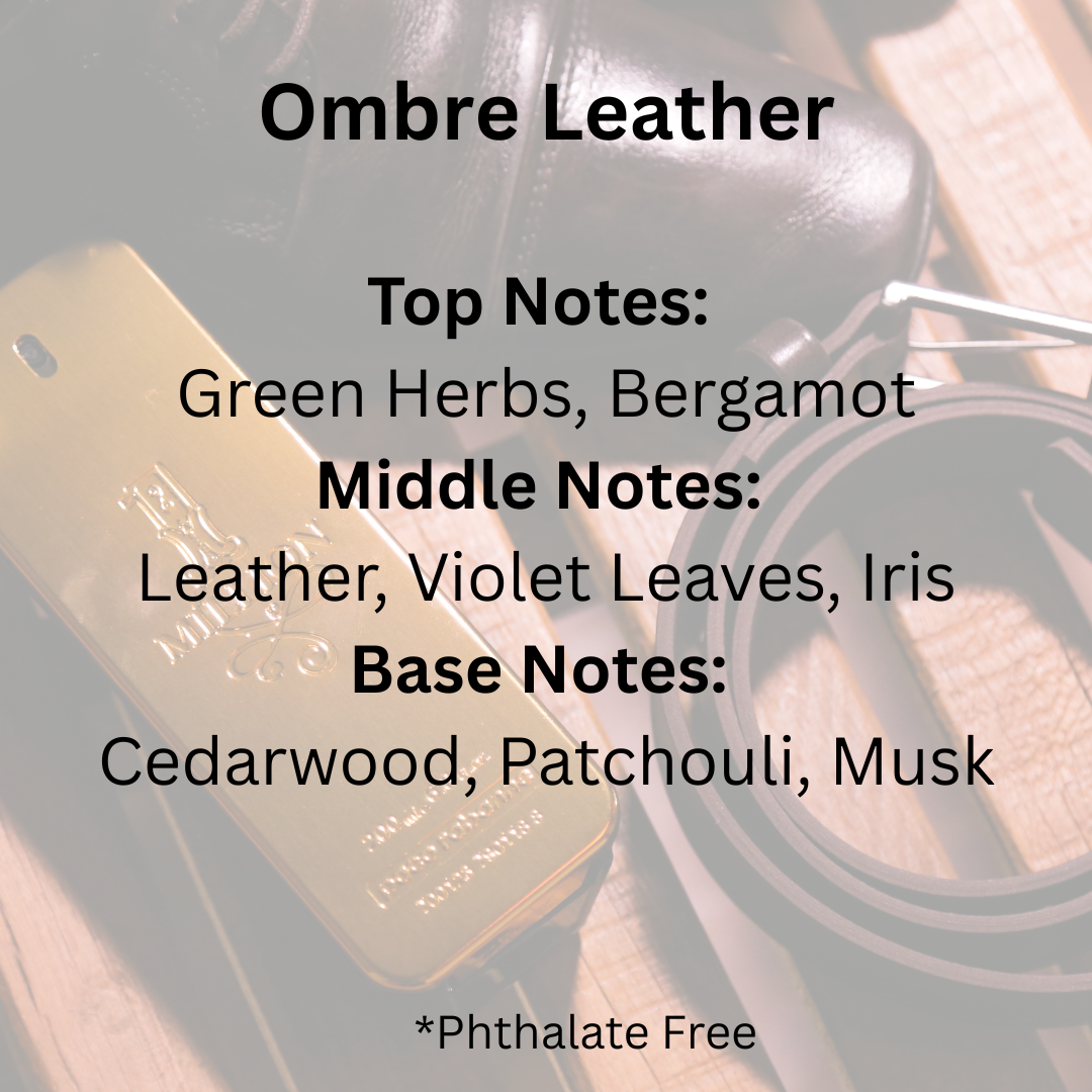 Text overlay reading 'Ombre Leather' with fragrance notes 'Top Notes: Green Herbs, Bergamot', 'Middle Notes: Leather, Violet Leaves, Iris', and 'Base Notes: Cedarwood, Patchouli, Musk' over a faded leather background.