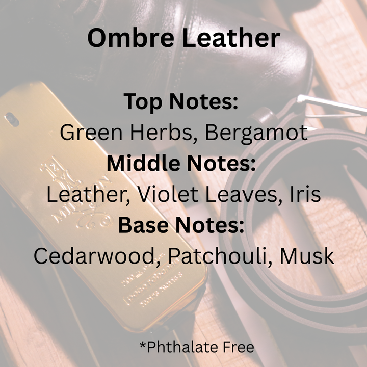 Text overlay reading 'Ombre Leather' with fragrance notes 'Top Notes: Green Herbs, Bergamot', 'Middle Notes: Leather, Violet Leaves, Iris', and 'Base Notes: Cedarwood, Patchouli, Musk' over a faded leather background.