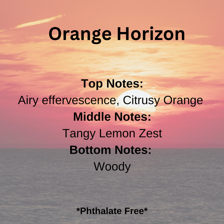 Scent description card with 'Orange Horizon' theme and sunset background