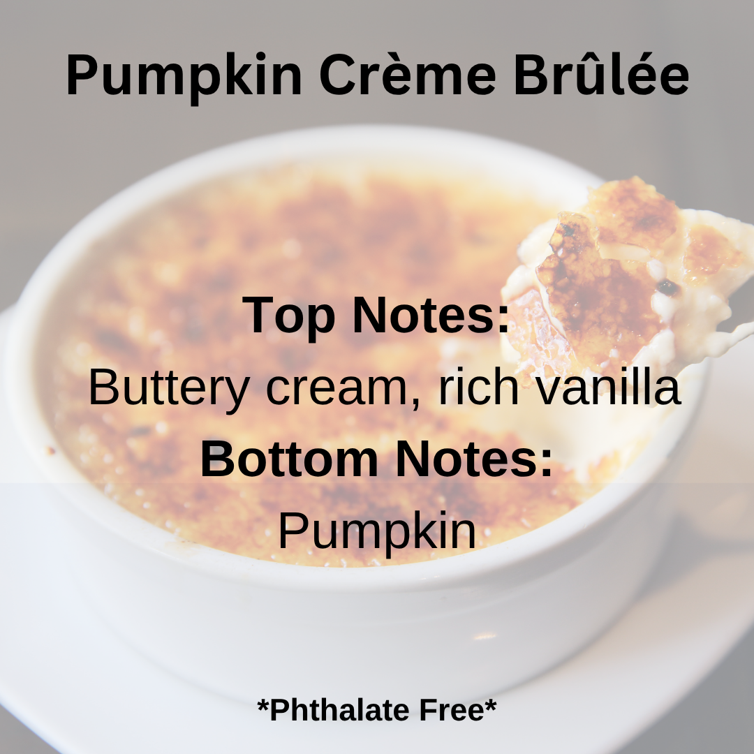 A close-up of a pumpkin crème brulée dessert in a white ramekin with a spoonful of toasted caramelized topping, overlaid with text reading 'Pumpkin Crème Brélée' and scent notes 'Top Notes: Buttery cream, rich vanilla' and 'Bottom Notes: Pumpkin'.