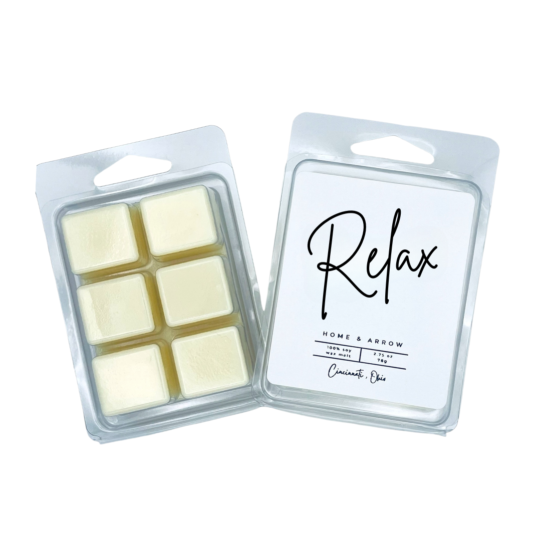 Relax white  soy wax melt in clamshell packaging on a white background from Home & Arrow based in Cincinnati Ohio.