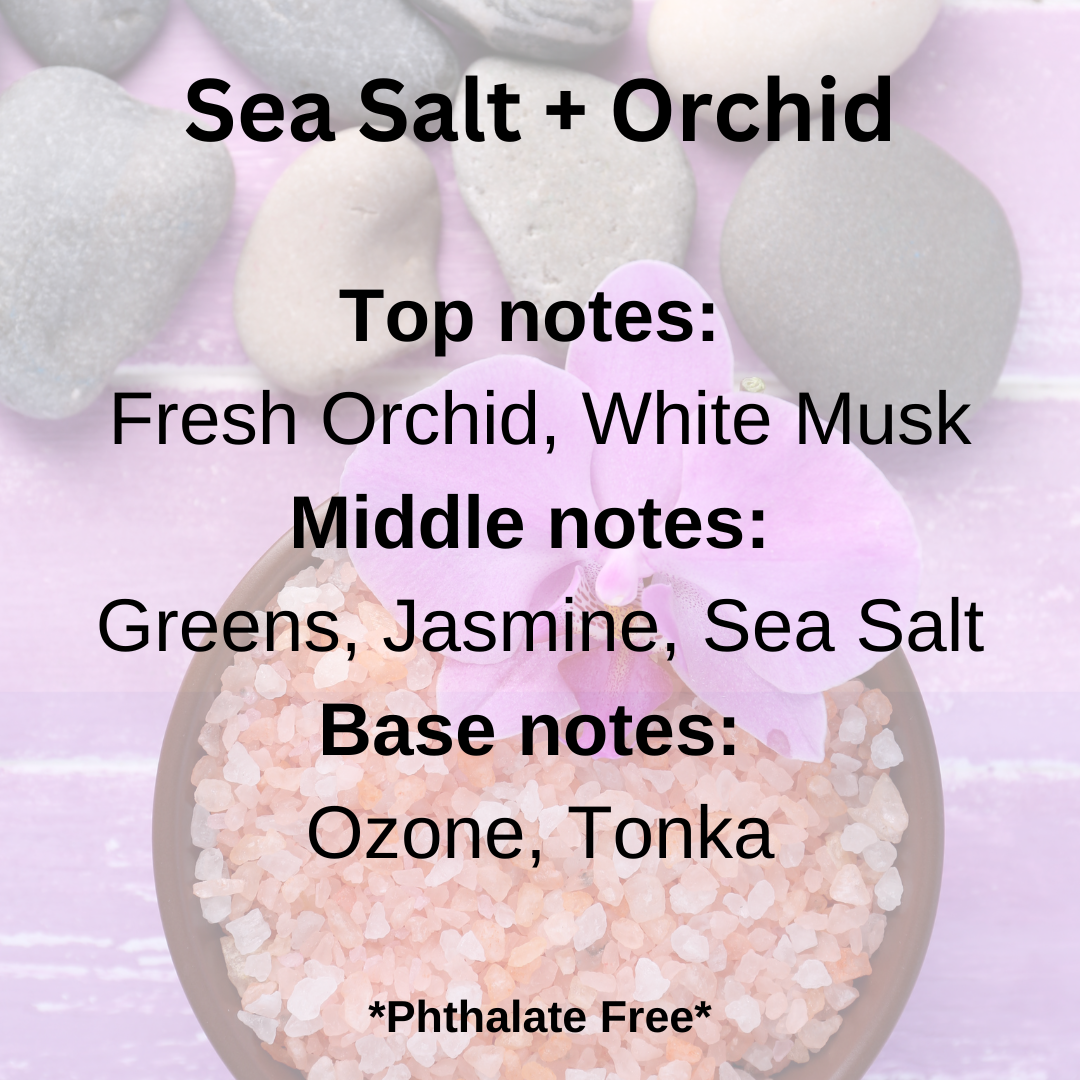 A text-based scent profile graphic for a fragrance labeled 'Sea Salt + Orchid,' showing salt crystals in a bowl, smooth stones, and a pink orchid flower on a pale lavender background. The text lists top, middle, and base notes including fresh orchid, white musk, greens, jasmine, sea salt, ozone, and tonka.