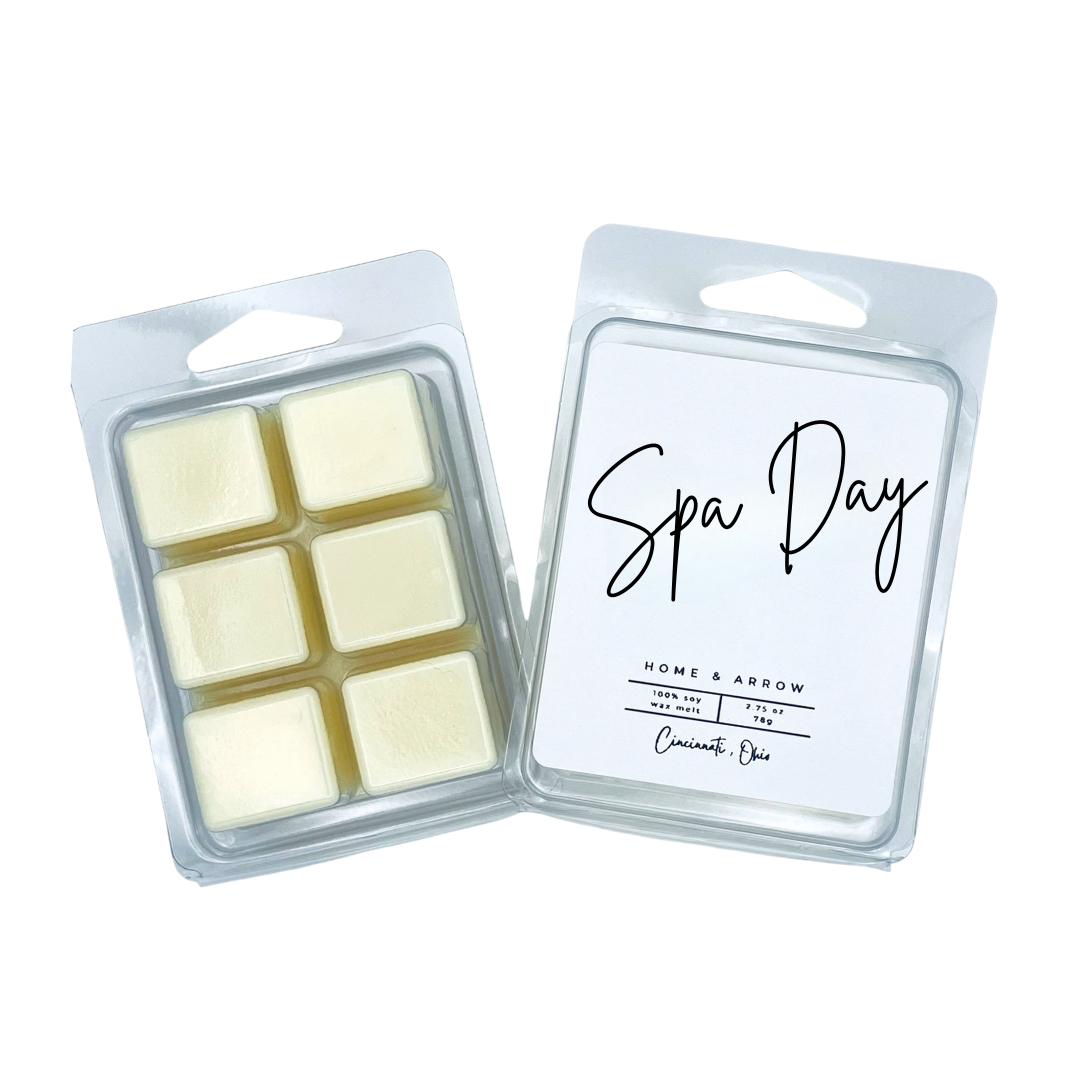 Spa Day white soy wax melt in clamshell packaging on a white background from Home & Arrow based in Cincinnati Ohio.