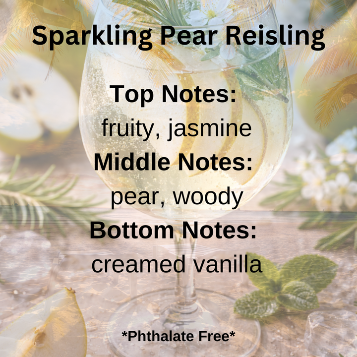 A text overlay describing the scent profile of 'Sparkling Pear Reisling' over a background photo of a glass of sparkling pear wine with mint leaves and sliced pears.