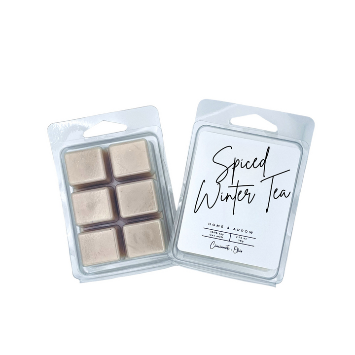 Spiced Winter Tea tan soy wax melt in clamshell packaging on a white background fron Home & Arrow based in Cincinnati Ohio.