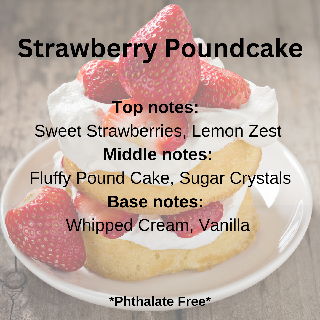 Strawberry poundcake with whipped cream and strawberries on a plate, with flavor notes displayed.