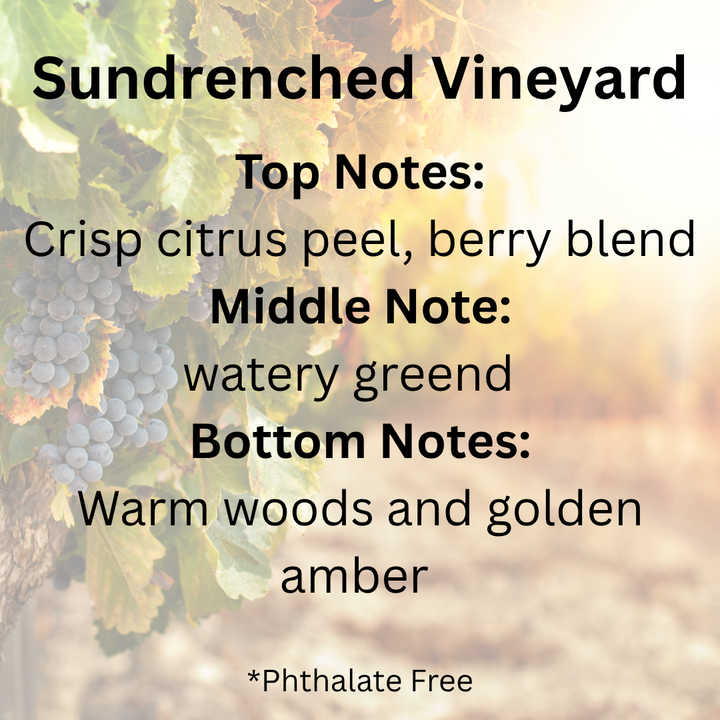 Blurred image of grapes with text about 'Sundrenched Vineyard' fragrance description.