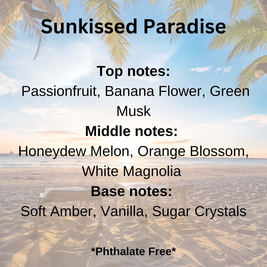 A tropical beach background with palm leaves and text reading 'Sunkissed Paradise' listing fragrance notes: Top notes Passionfruit, Banana Flower, Green Musk; Middle notes Honeydew Melon, Orange Blossom, White Magnolia; Base notes Soft Amber, Vanilla, Sugar Crystals; '*Phthalate Free*'.