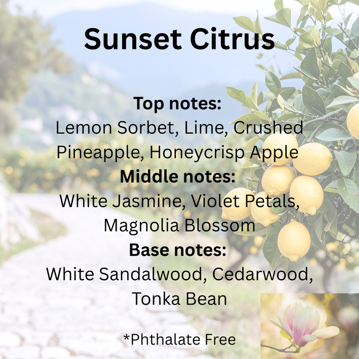 Advertisement for 'Sunset Citrus' with lemon sorbet, lime, crushed pineapple, and other notes on a blurred background of lemons and flowers.