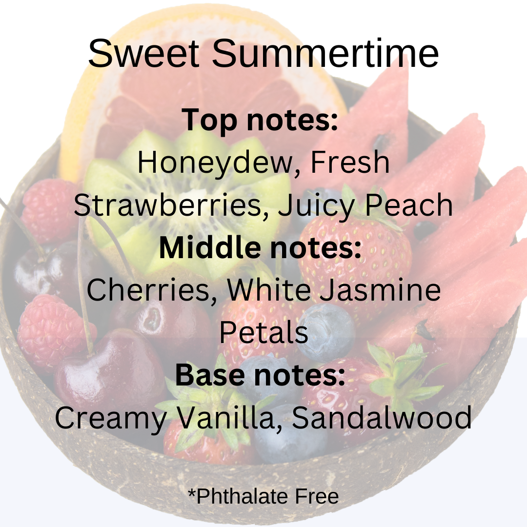 Sweet Summertime scent notes: Honeydew, strawberries, peach, cherry, jasmine, vanilla and sandalwood over a bowl of fruit background