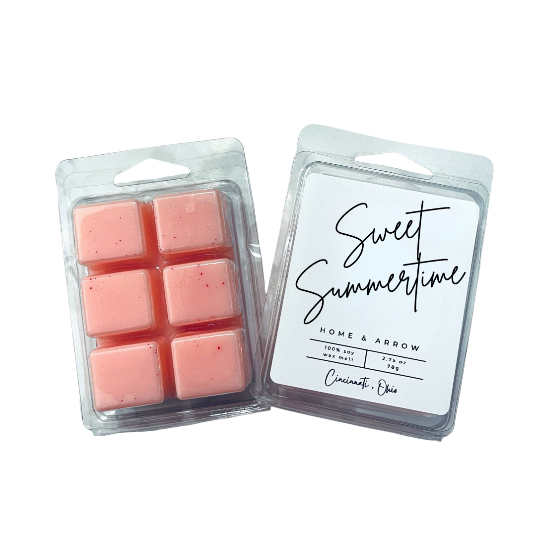 Sweet Summertime pink soy wax melts in clamshell packaging on a white background from Home & Arrow in Cincinnati, Ohio.