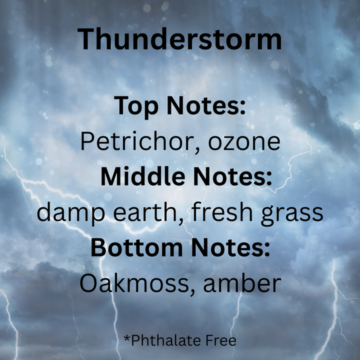 Thunderstorm with text overlay describing top, middle, and bottom notes of a product.