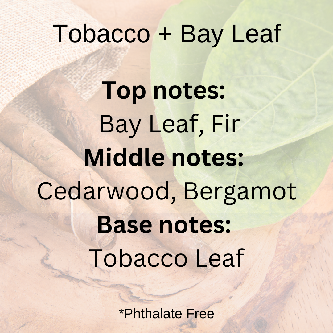 Tobacco + Bay Leaf scent notes: Bay leaf, fir, cedarwood, bergamot, tobacco leaf over a burlap bag with rolled tobacco leaves and bay leaves in the background.