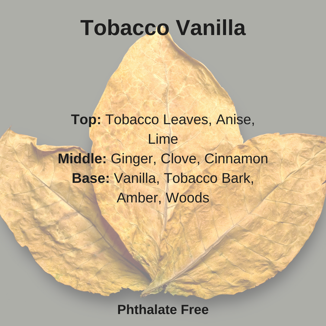 A leaf-shaped label with the scent profile of Tobacco Vanilla soy wax melt, highlighting the top, middle, and base notes of the fragrance.