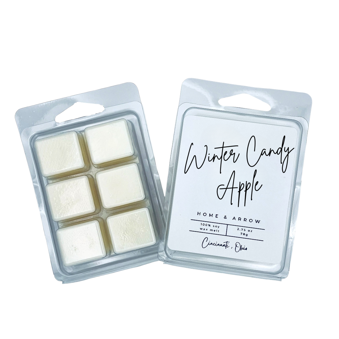 Winter Candy Apple white soy wax melt in clamshell packaging on a white background from Home & Arrow based in Cincinnati Ohio.