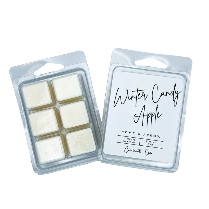 Winter Candy Apple white soy wax melt in clamshell packaging on a white background from Home & Arrow based in Cincinnati Ohio.