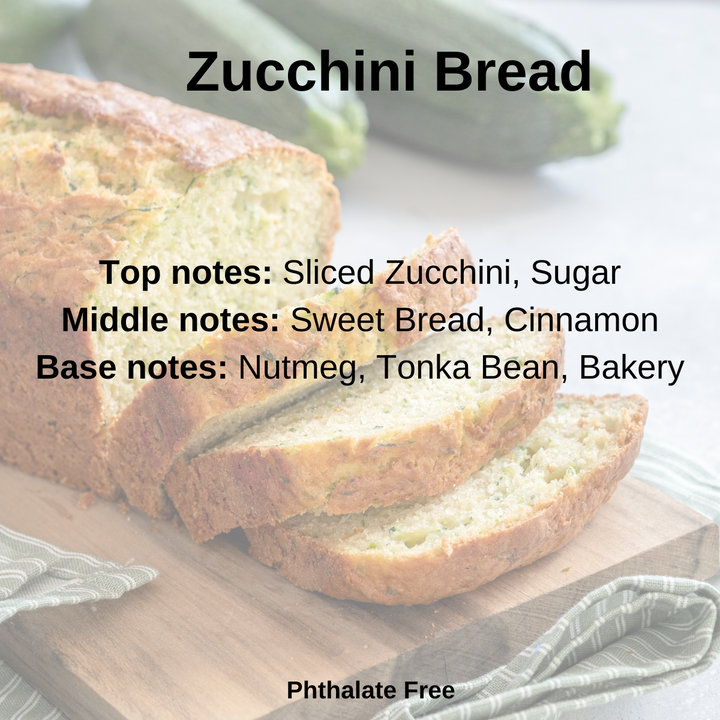 Zucchini Bread scent notes: zucchinim sugar sweet bread, cinnamon, nutmeg, tonka bean and bakers over a freshly cut zucchini bread loaf.