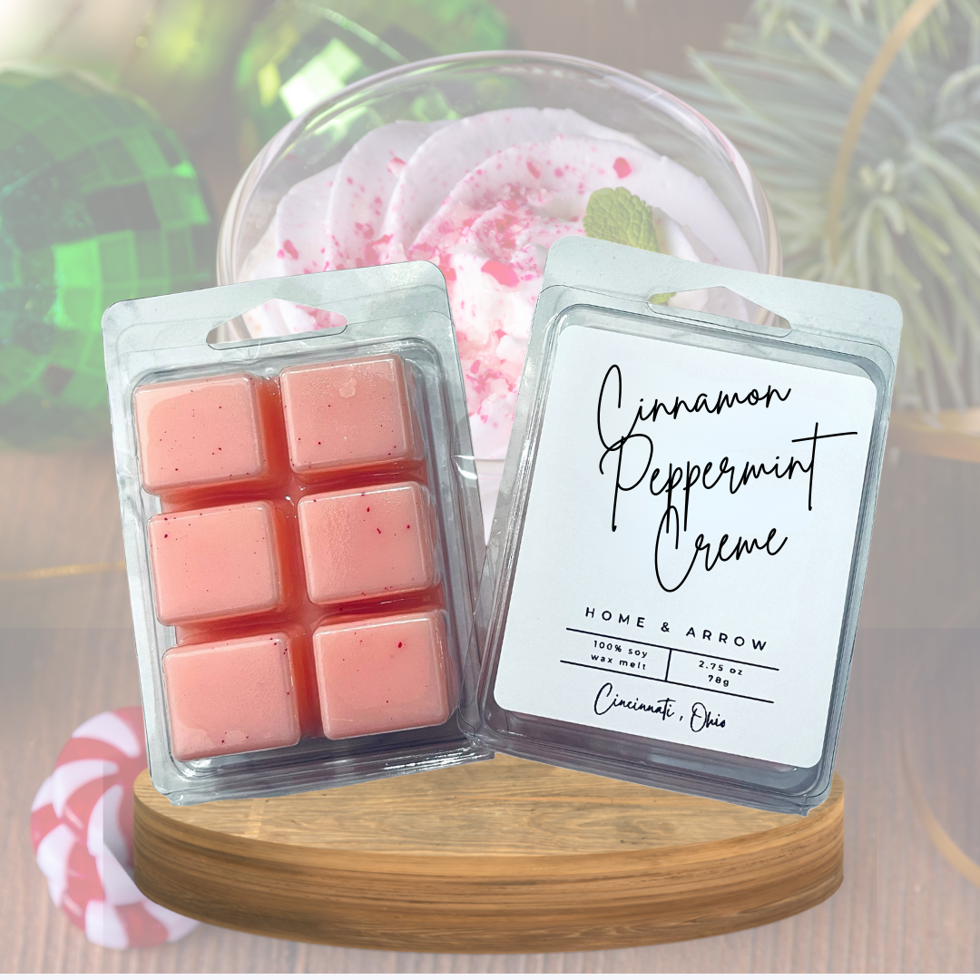 Cinnamon Peppermint Creme wax melts packaging with a blurred background